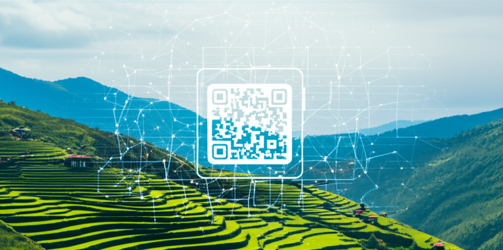 Bhutanese landscape merges with blockchain network, symbolizing its digital identity future.