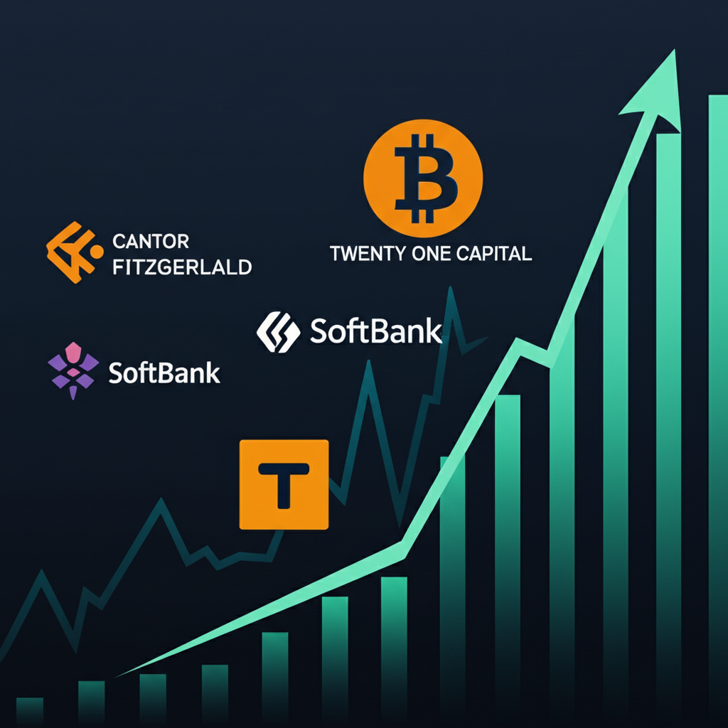 Twenty One Capital's Bitcoin holdings surge. Chart shows price increase, featuring investor logos.