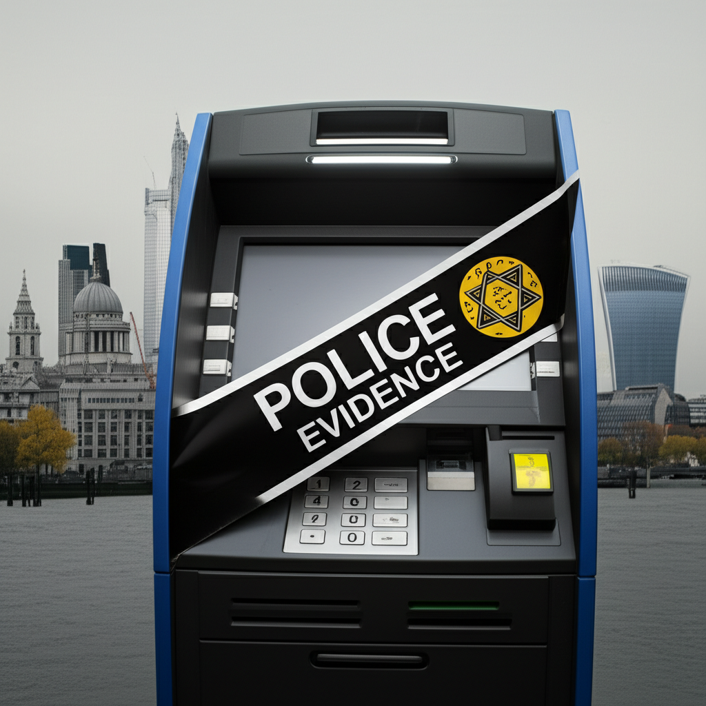 Confiscated crypto ATM with police seal, London skyline. UK crypto crackdown.