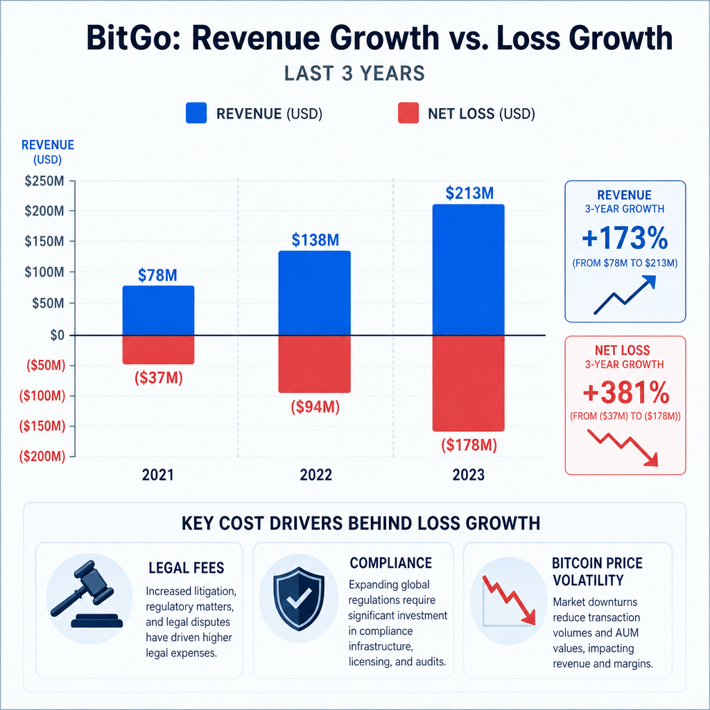 Infographic shows BitGo's revenue rising to $3.8B vs. rising losses from legal, compliance, and Bitcoin volatility costs.