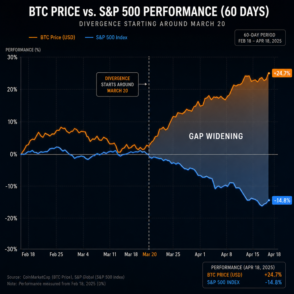 Bitcoin price line drops sharply against rising S&P 500 line after March 20, with shaded gap widening.