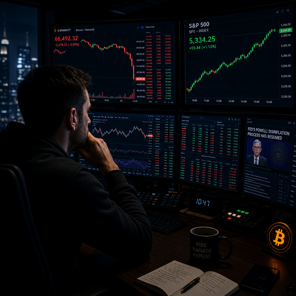 A trader in a dim office watches Bitcoin's red candle fall as the S&P 500 rises green.