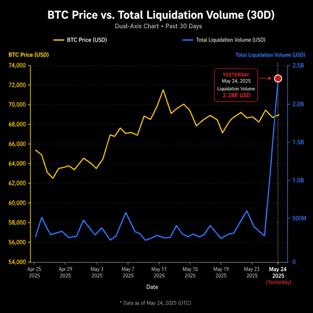 Bitcoin price chart below $70K with red liquidation spike, $800M wiped out in 24 hours.