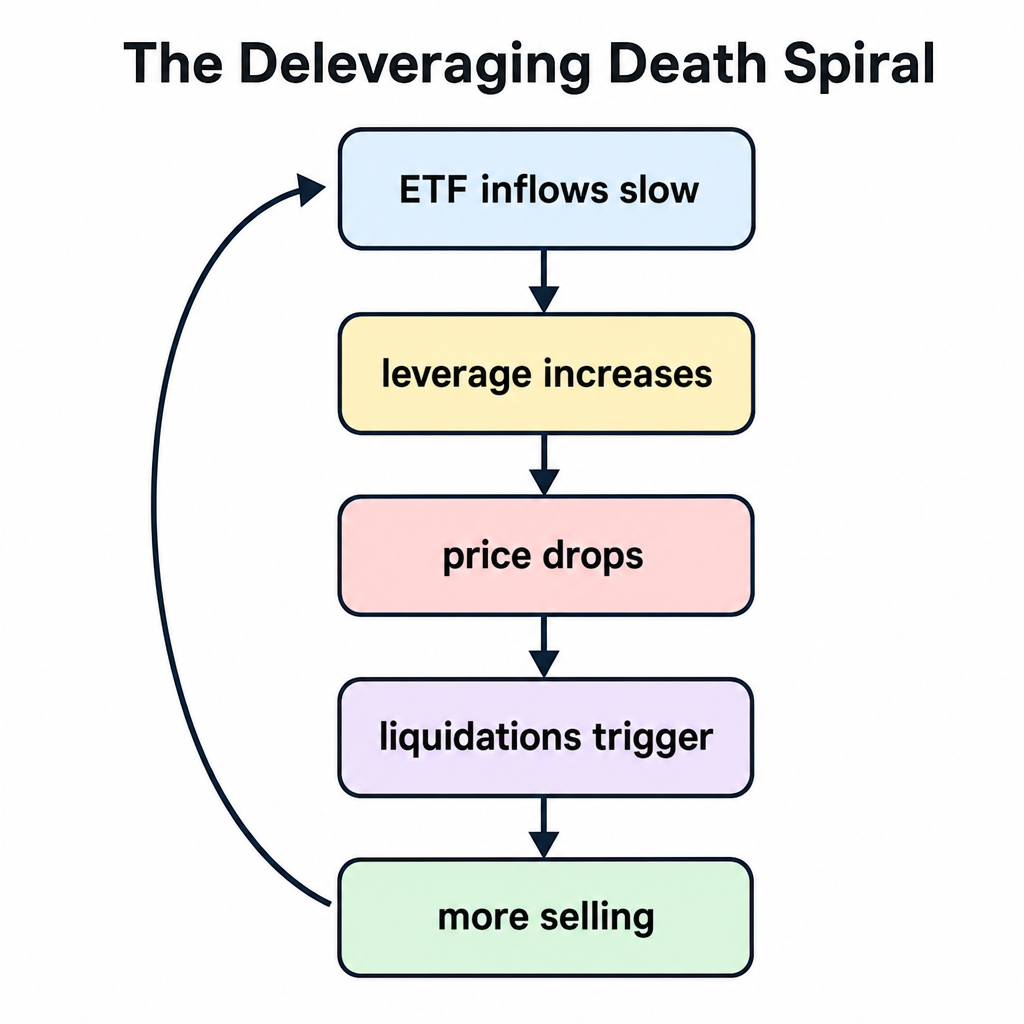 A flowchart titled "The Deleveraging Death Spiral" showing the cascade from ETF inflows to price drops and liquidations.