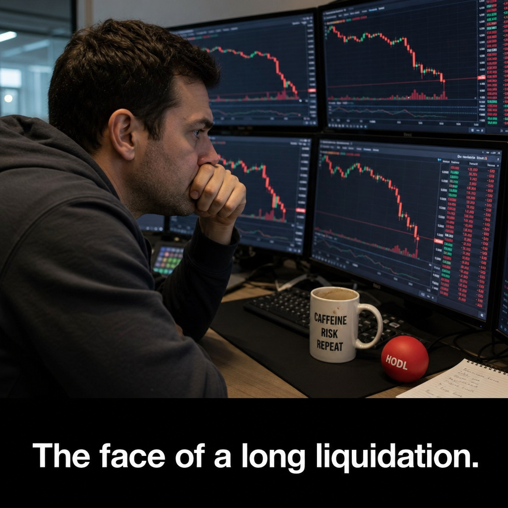 A stressed trader watches red Bitcoin charts on monitors, with coffee and a stress ball nearby.