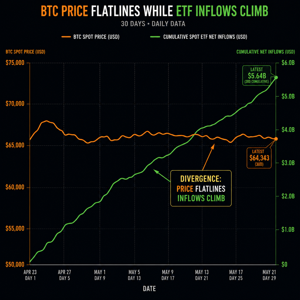 Bitcoin price flatlines near $67K while spot ETF inflows surge, showing key divergence in 30-day chart.