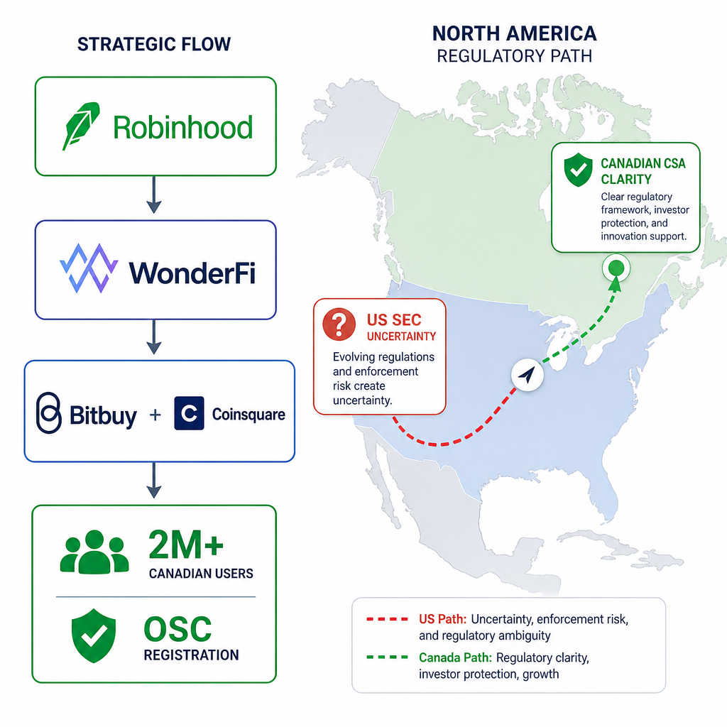 Robinhood acquisition flowchart mapping US regulatory uncertainty to Canadian clarity via WonderFi, Bitbuy, and Coinsquare.