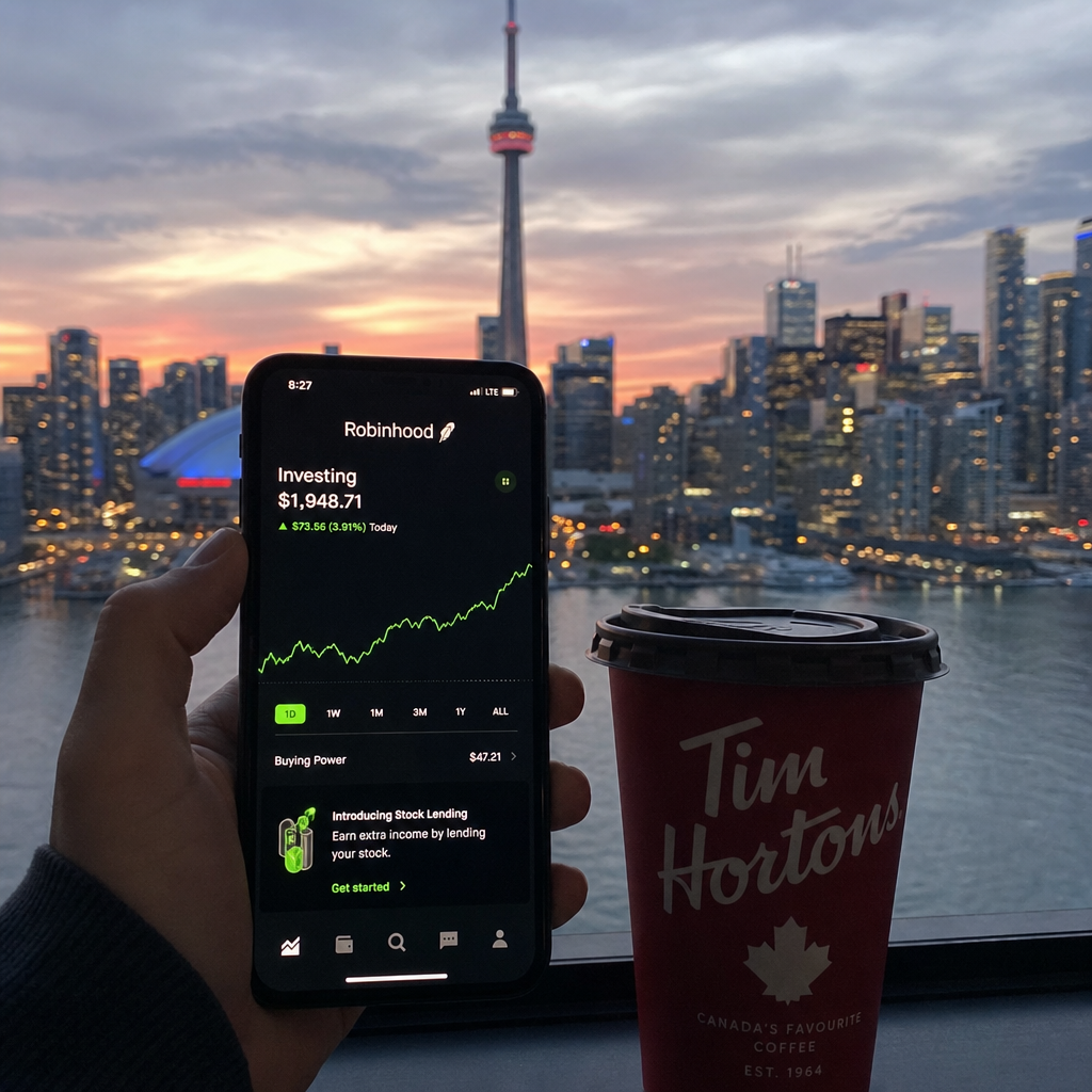 Robinhood app on phone beside Tim Hortons cup, with Toronto skyline and CN Tower at dusk.