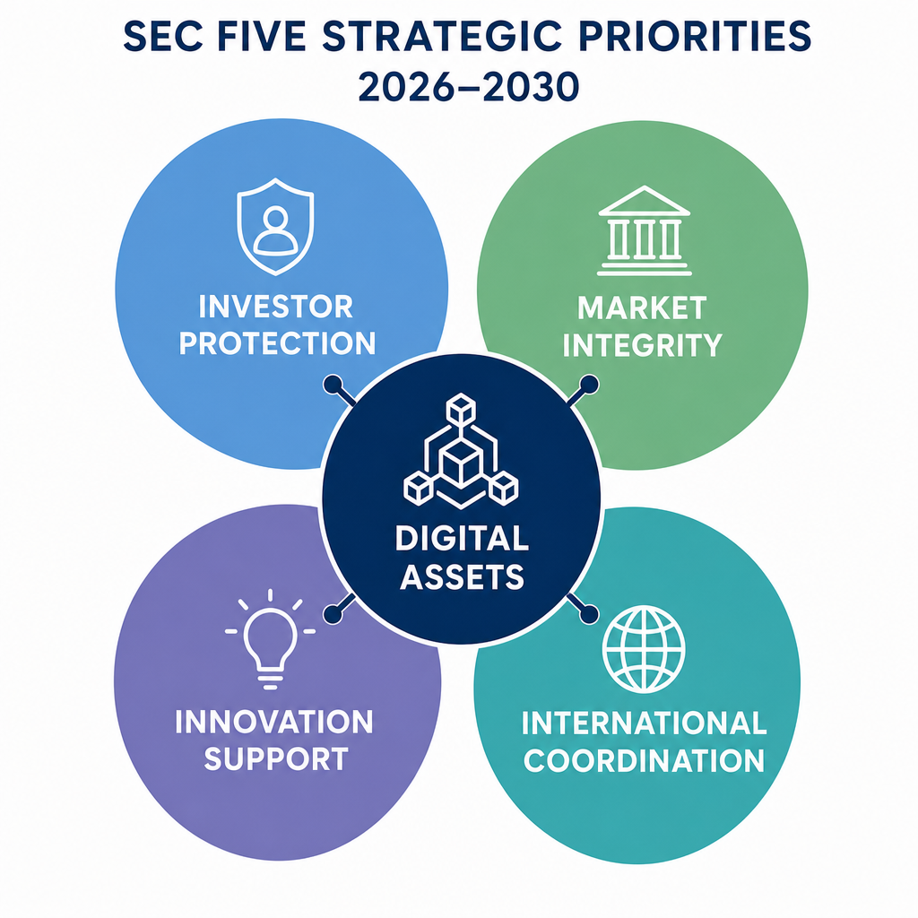 Infographic: SEC's 2026-2030 strategic plan centers on Digital Assets, linking Investor Protection, Market Integrity, Innovation, and Global Coordination.