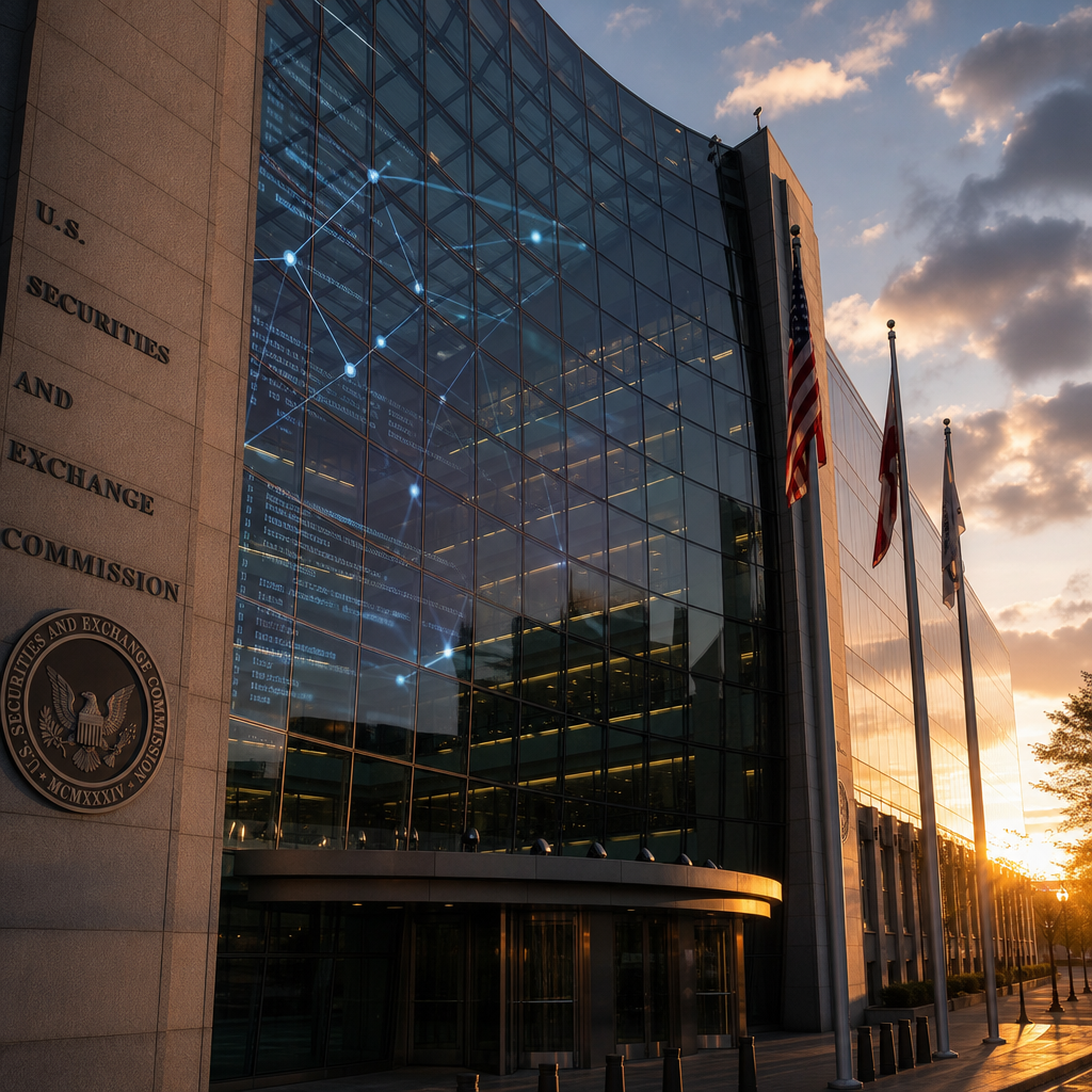 SEC headquarters at sunset, blockchain code reflected in glass, symbolizing crypto's regulatory future.
