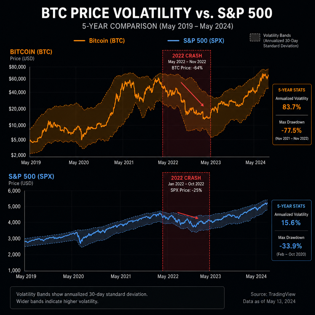 Chart comparing Bitcoin price volatility to S&P 500 over 5 years, highlighting the 2022 crash with shaded bands.