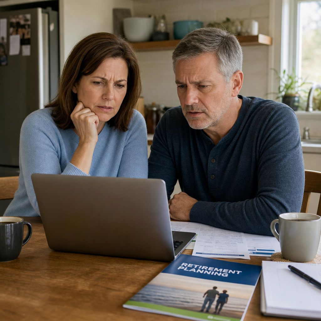 Worried couple reviewing crypto retirement plans on laptop, confused by new tax rules.